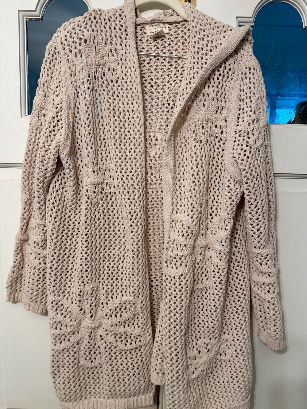 Nicole Miller Light Beige Open-Knit Crochet Cardigan